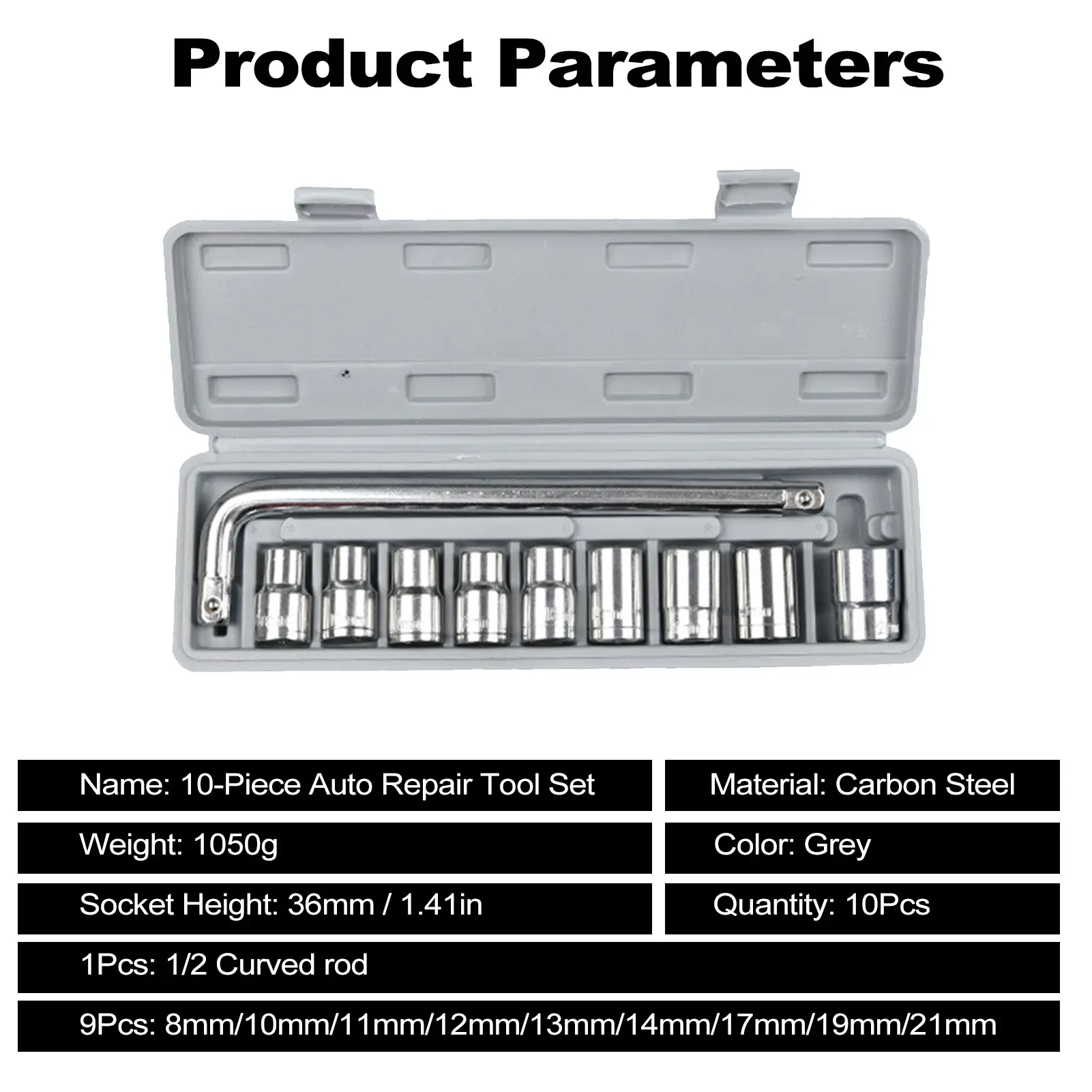10Pcs 1/2 Wrench Socket Set Carbon Steel 8-21mm Auto Repair Tool Mechanical Socket Tool Combination Set with Gray Storage Box