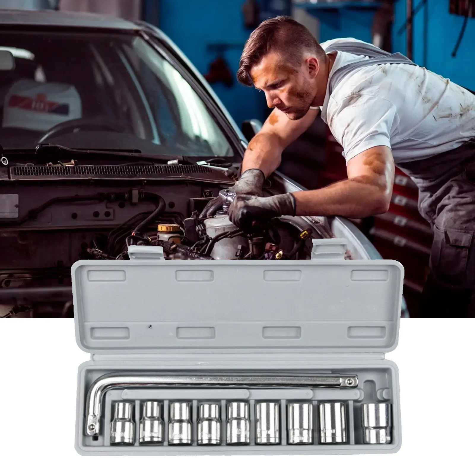 10Pcs 1/2 Wrench Socket Set Carbon Steel 8-21mm Auto Repair Tool Mechanical Socket Tool Combination Set with Gray Storage Box