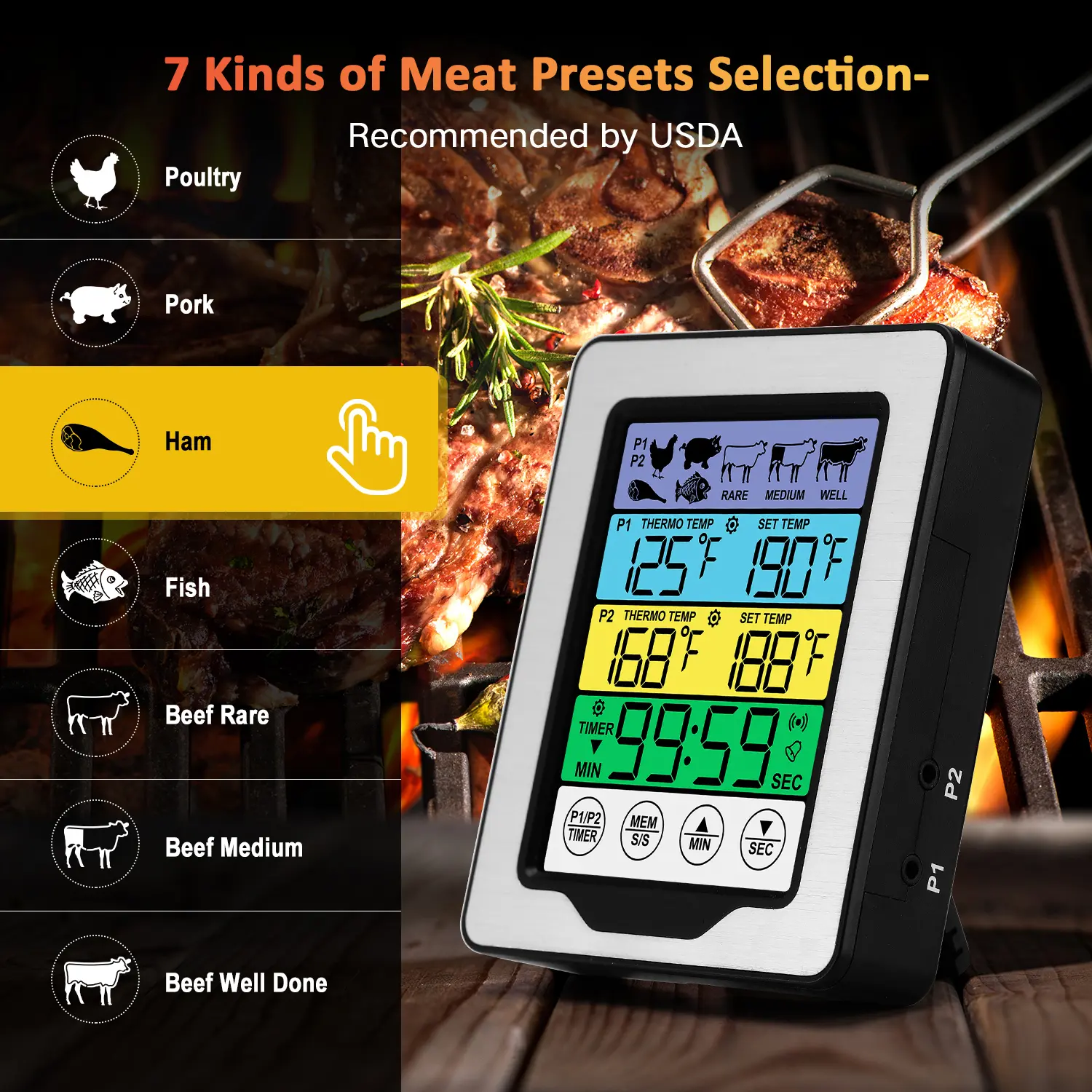 Digital Food Temperature Gauge Kitchen Thermometer Dual Temperature Probe Digital Oven Thermometer for Grill Smoker Barbecue