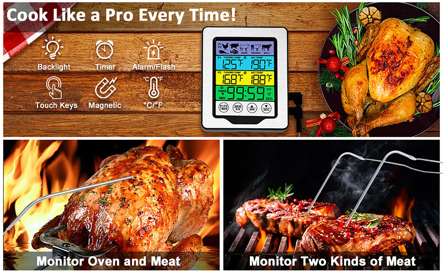Digital Food Temperature Gauge Kitchen Thermometer Dual Temperature Probe Digital Oven Thermometer for Grill Smoker Barbecue