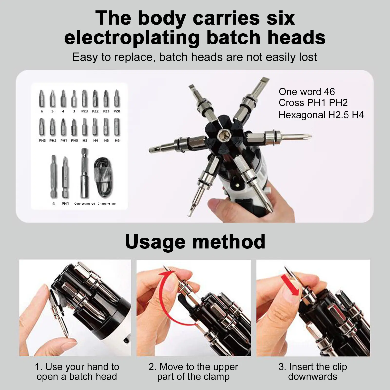 Cordless Screwdriver 3.6V Electric Screwdriver 6pcs Quick Change-Batch Heads 1300mah Rechargeable Screwdriver 19 Bits Fittings