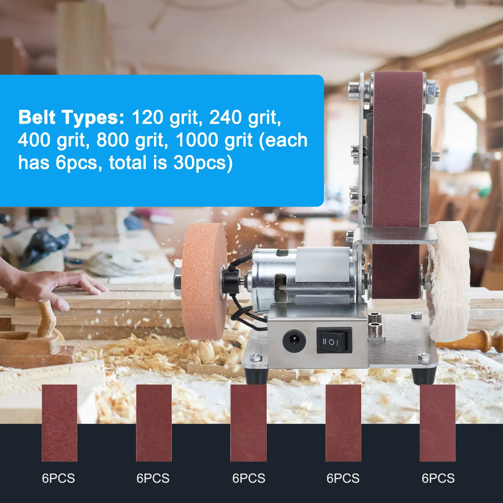Table Electric Belt Sander 7-Speed Adjustable Electric Speed Sanding Polishing Grinding Machine10pcs Sanding Belts Polisher