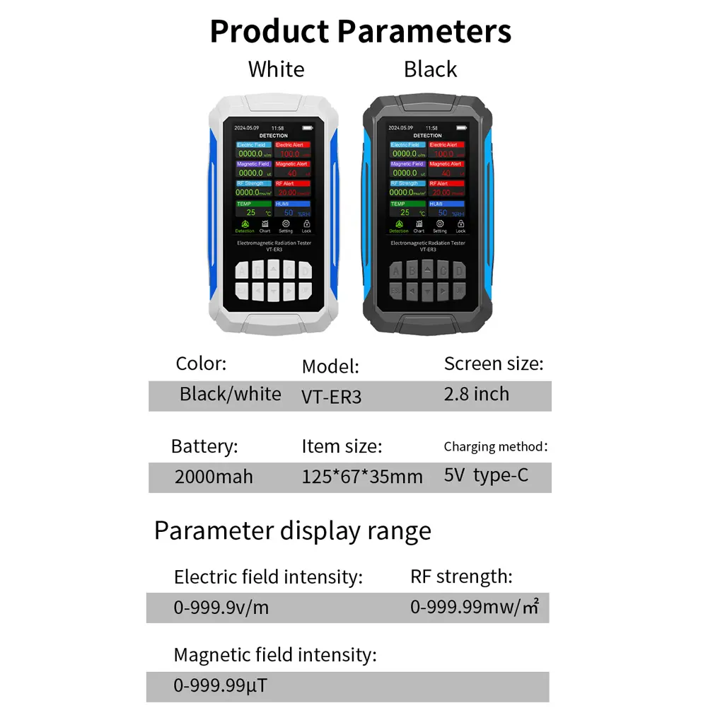VT-ER3 5-in-1 Electromagnetic Radiation Detector Radio Frequency Electric Field Magnetic Strength Temperature Humidity Tester