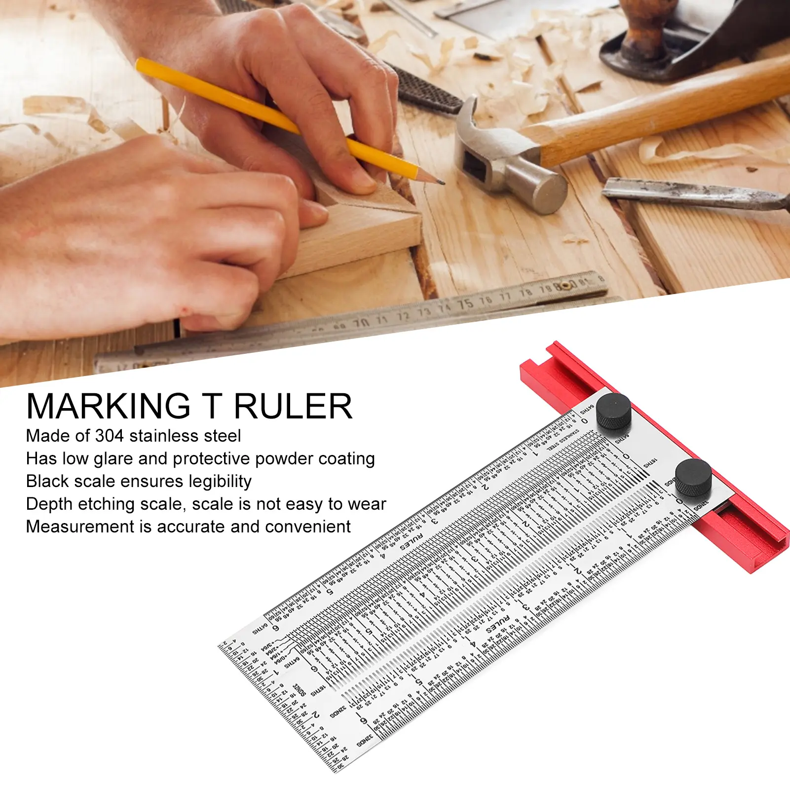 Woodworking Ruler Marking T Ruler Stainless Steel Protective Powder Coating Black Scale Linear Measurement Ruler for Woodworking