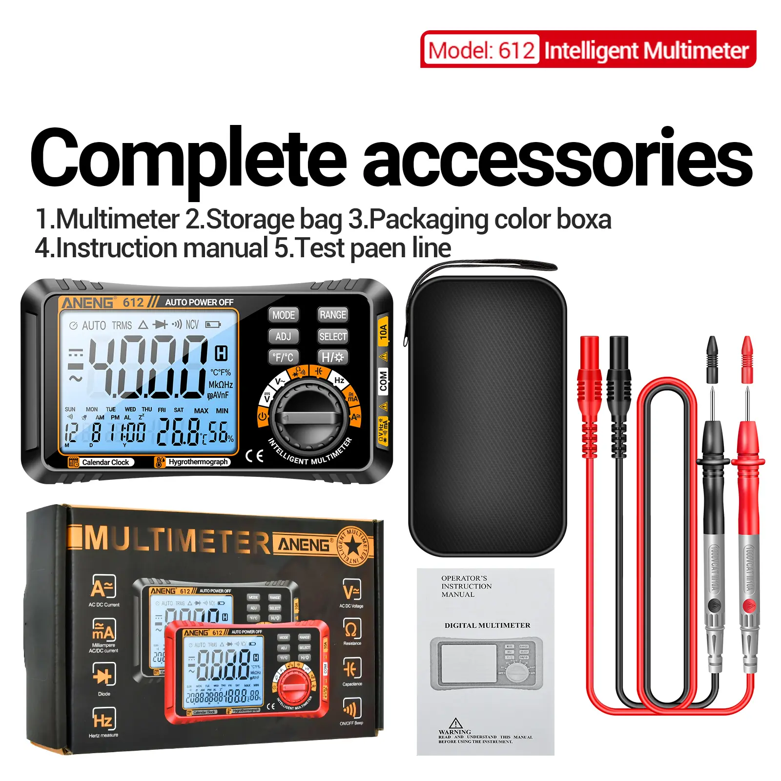 ANENG 612 Digital Multimeter 4000 Count Temperature and Humidity Ammeter Voltmeter Photovoltaic Panel Power Supplys Multimeter