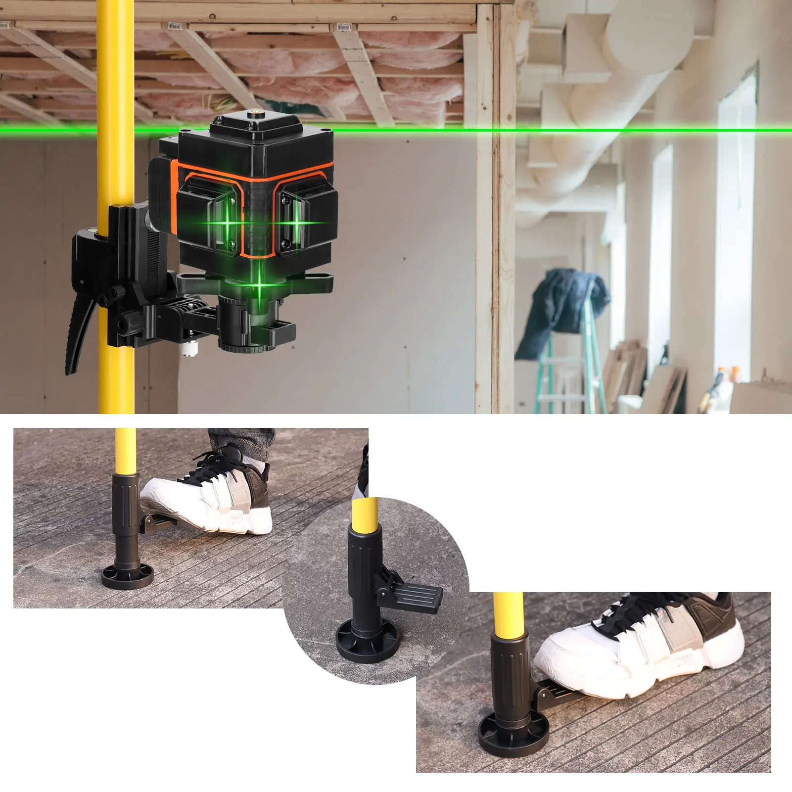 Max 4.2m Height Adjustable Line Leveler Stand Bar Telescopic Pole Bracket 1/4'' Thread Lift Extend Holder for Laser Level Rod