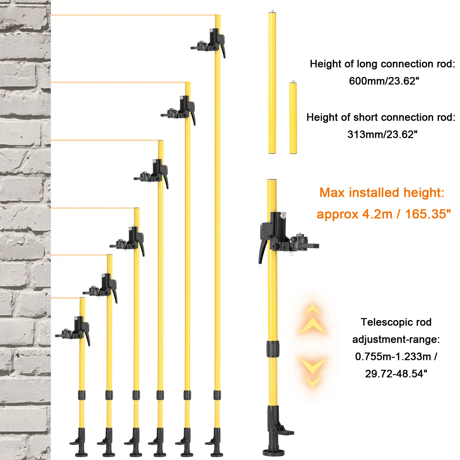 Max 4.2m Height Adjustable Line Leveler Stand Bar Telescopic Pole Bracket 1/4'' Thread Lift Extend Holder for Laser Level Rod