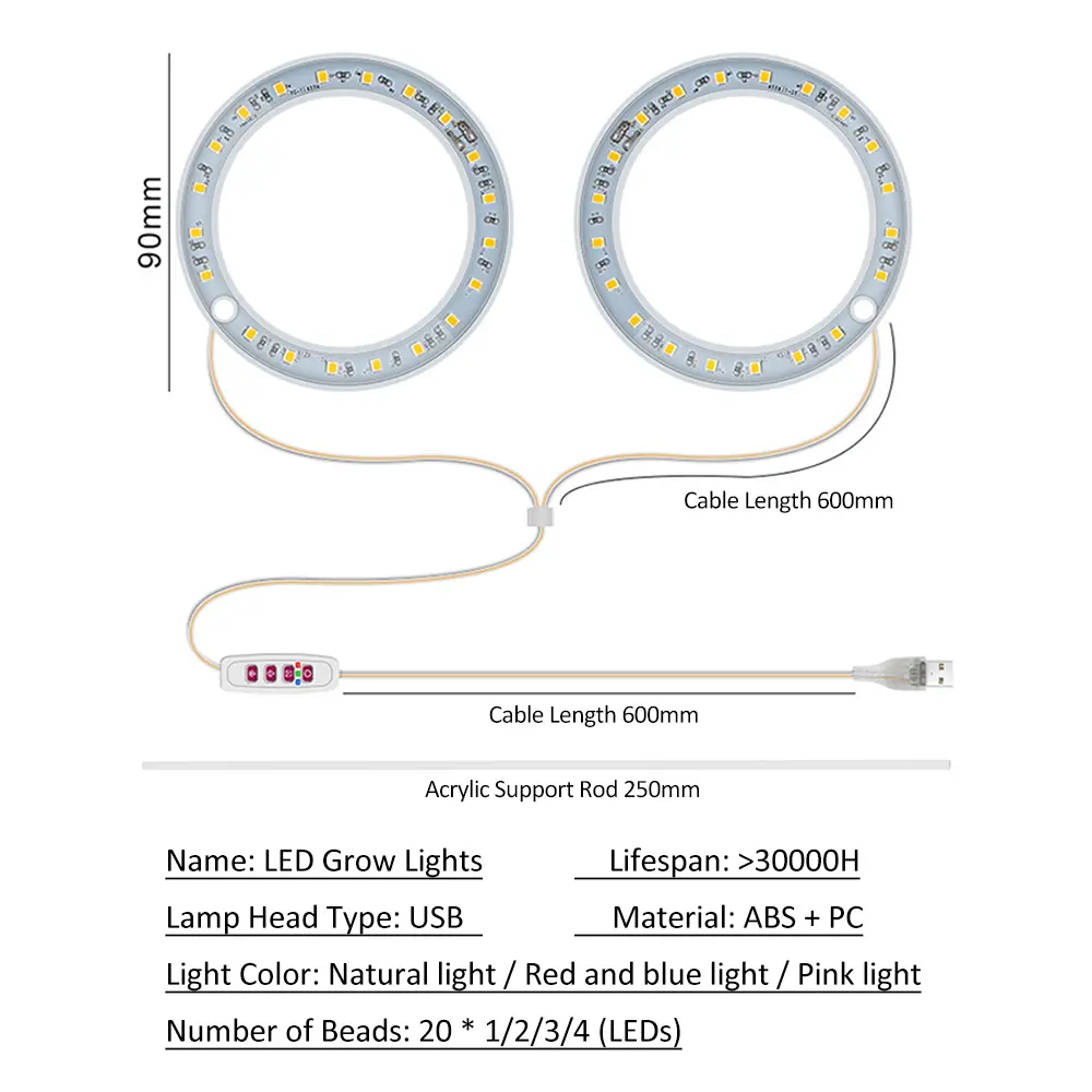LED Grow Lights Full Spectrum Plant Lamp with 20 LEDs 8H/12H/16H Timer 5 Dimmable Levels Height Adjustable USB Angel Ring Lamp