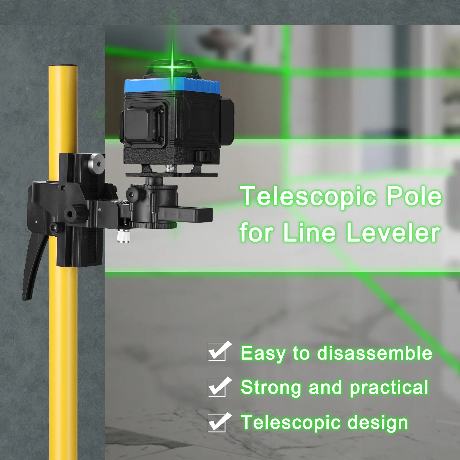 Max 4.2m Height Adjustable Line Leveler Stand Bar Telescopic Pole Bracket 1/4'' Thread Lift Extend Holder for Laser Level Rod
