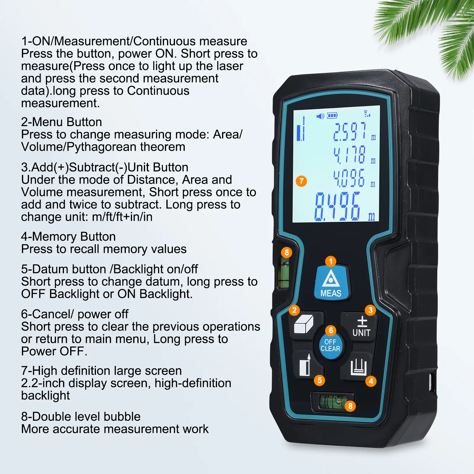 S8 Handheld Distance Meter Double Level Bubble Rechargeable Distance Measuring Meter ±1.5mm Accuracy LCD Backlit Rangefinder