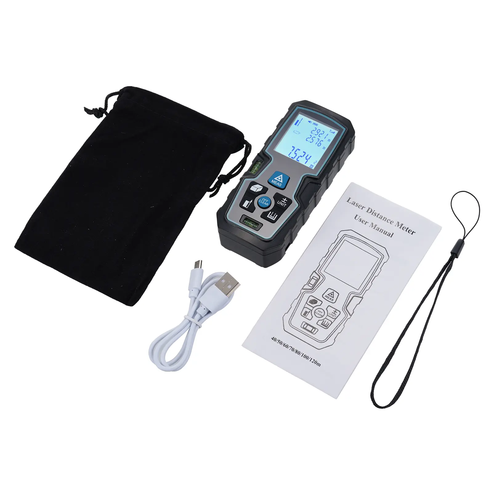 S8 Handheld Distance Meter Double Level Bubble Rechargeable Distance Measuring Meter ±1.5mm Accuracy LCD Backlit Rangefinder