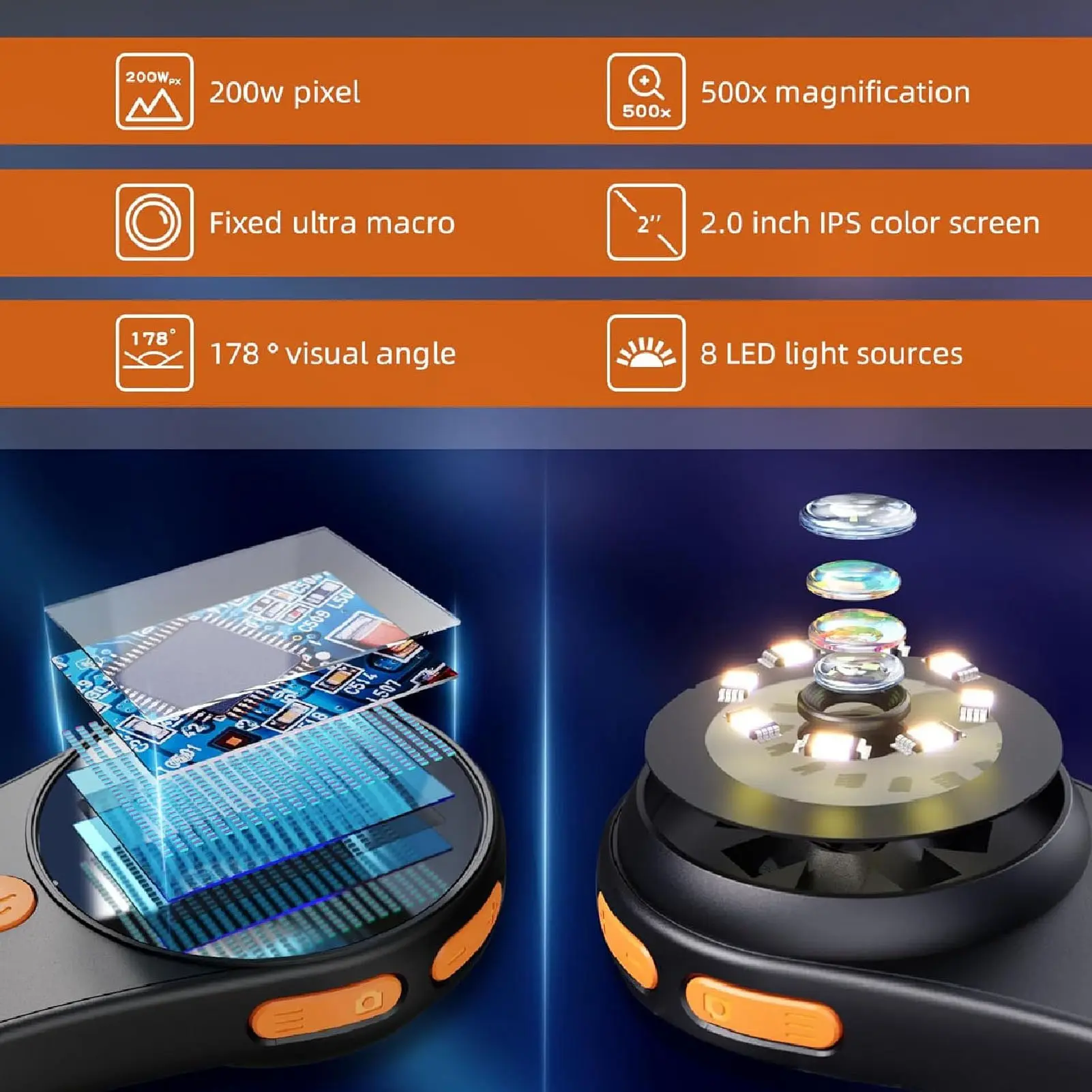 Handheld Digital Microscope 500x Magnification 2.0in Screen Adjustable Brightness 8 LEDs Portable Digital Magnifying Glass