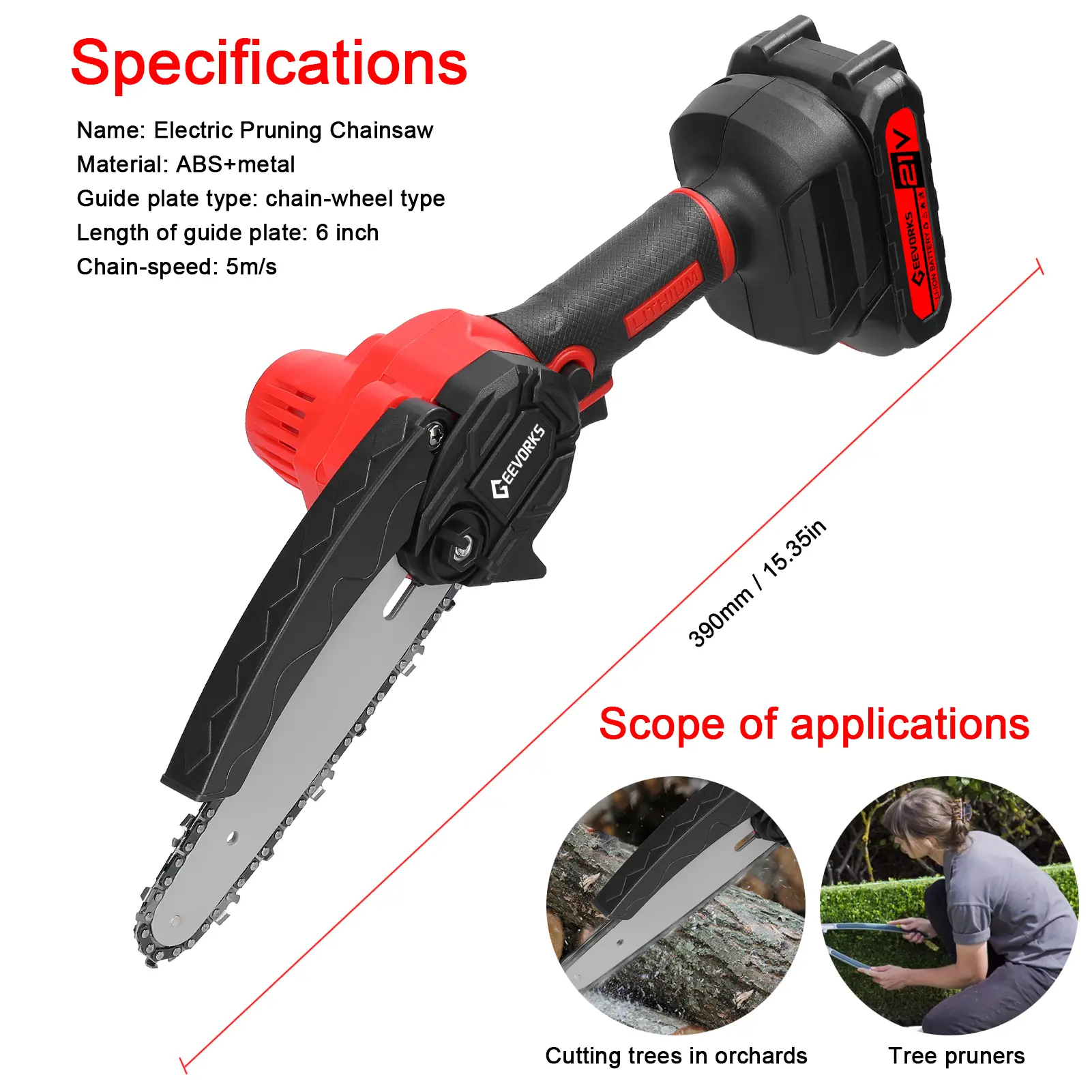 21V 6inch Electric Chainsaw Brush Chain Saw Electric Pruning Saws 2pcs Batteries Wood Splitting Chainsaw Garden Orchard Cutting