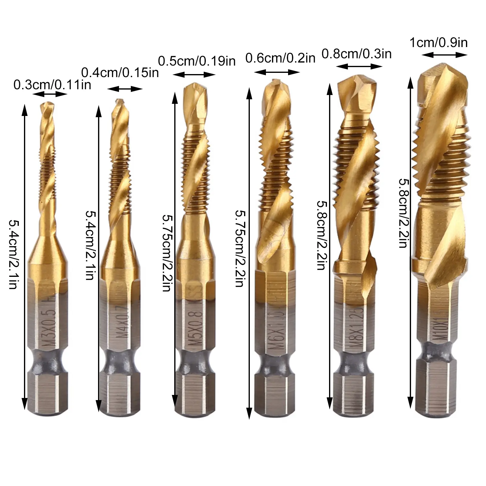 6pcs Metric Thread M3-M10 Titanium Coated HSS Drill Tap Bits 1/4" Hex Shank Drill and Tap Bit Thread Tap Screw Taps Tool Set
