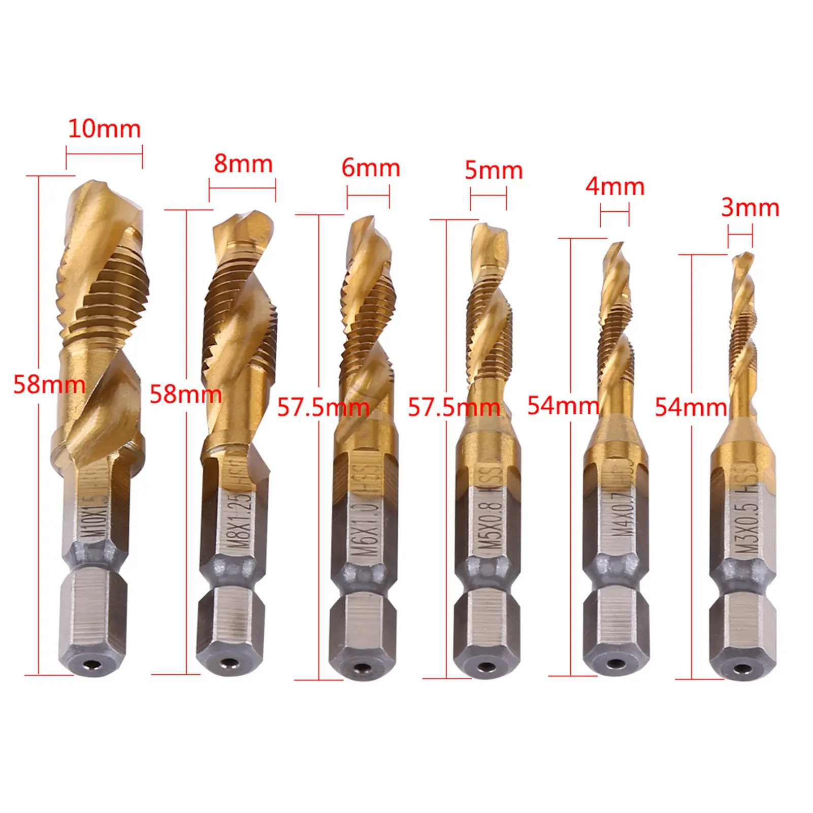6pcs Metric Thread M3-M10 Titanium Coated HSS Drill Tap Bits 1/4" Hex Shank Drill and Tap Bit Thread Tap Screw Taps Tool Set
