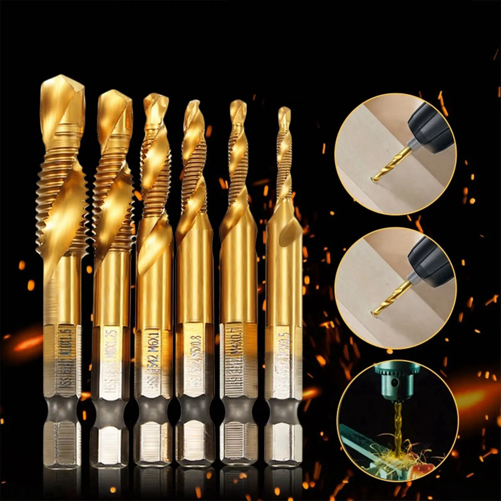 6pcs Metric Thread M3-M10 Titanium Coated HSS Drill Tap Bits 1/4" Hex Shank Drill and Tap Bit Thread Tap Screw Taps Tool Set
