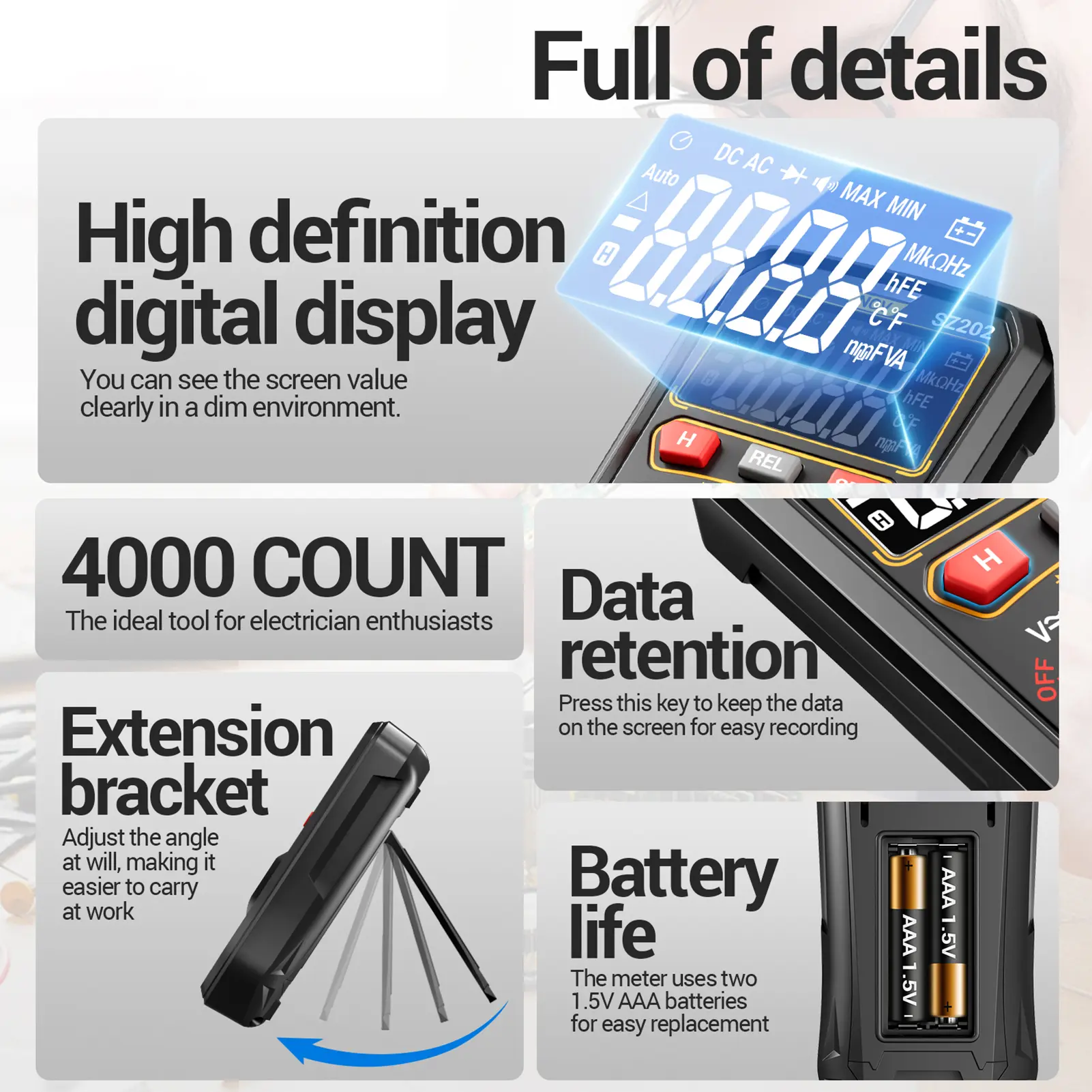 Digital Multimeter Auto-Ranging 4000 Counts Portable Ohm Volt Amp Tester Measures NCV Voltage  Current  Diode Cpacitance