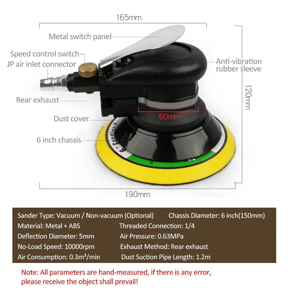 5" 6''Car Polisher Air Random Orbital Sander Heavy Duty Pneumatic Palm Sander with Hose Bag Polishing Grinding Sanding Machine