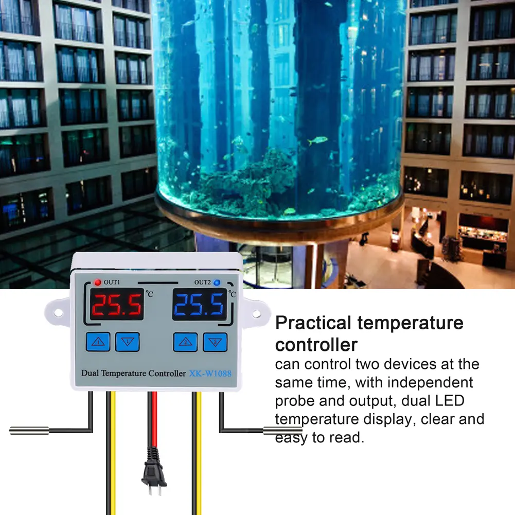 2 in 1 Thermostat Digital Dual Temperature Controller LED Regulator Heating Cooling Temperature Control with Waterproof Probes