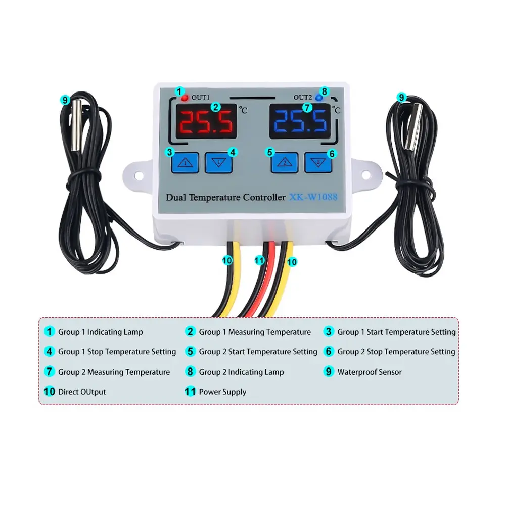 2 in 1 Thermostat Digital Dual Temperature Controller LED Regulator Heating Cooling Temperature Control with Waterproof Probes