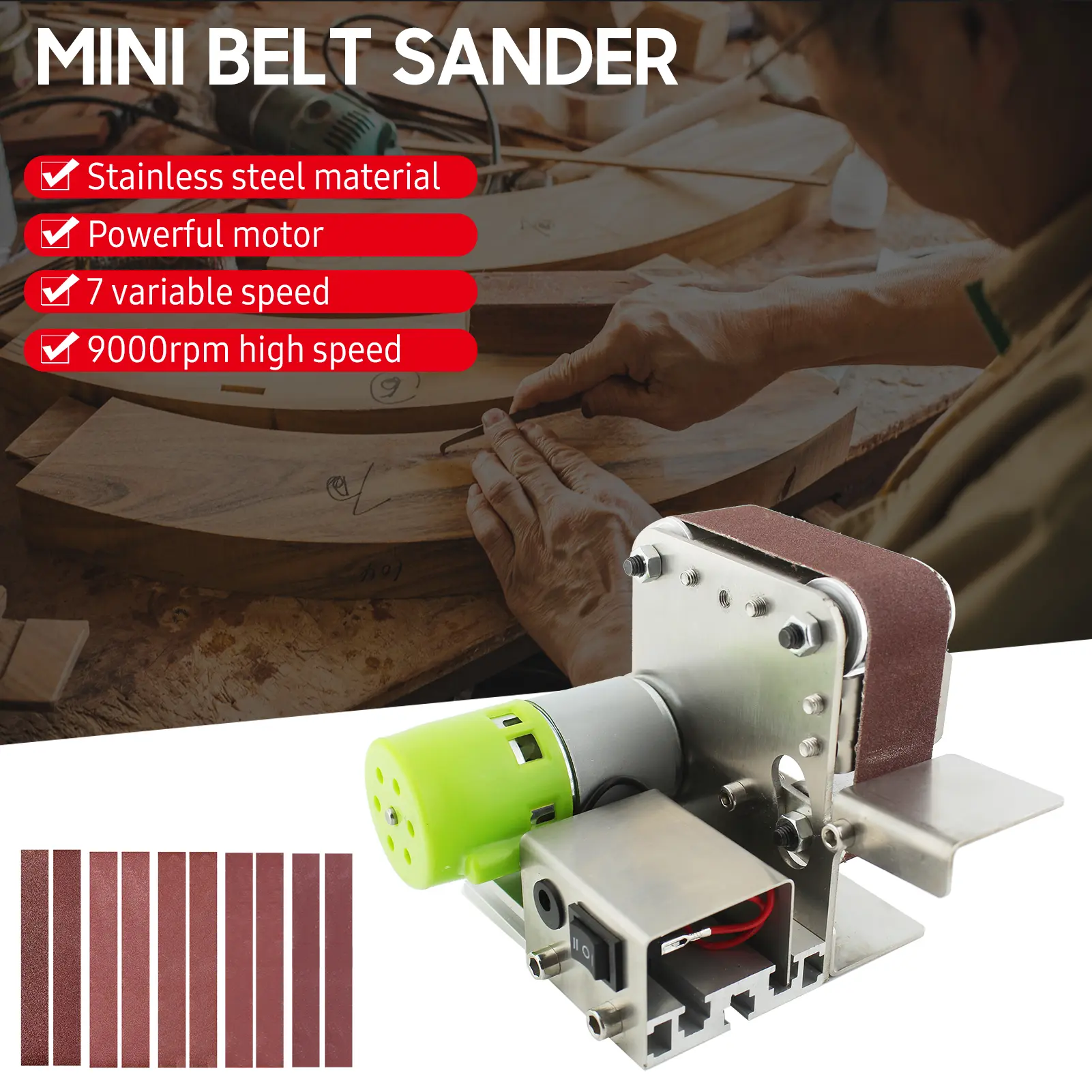 Mini Belt Sander Electric Sanding Polishing Grinding Machine 7 Variable Speed with 10 Sanding Belts for Polishing Wood Acrylic