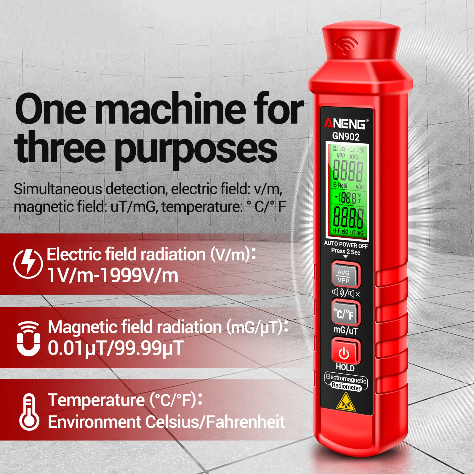 ANENG GN902 Electromagnetic Radiation Tester X Ray Testing Radioactivity Meter Electric Magnetic Field Temperature EMF Detector
