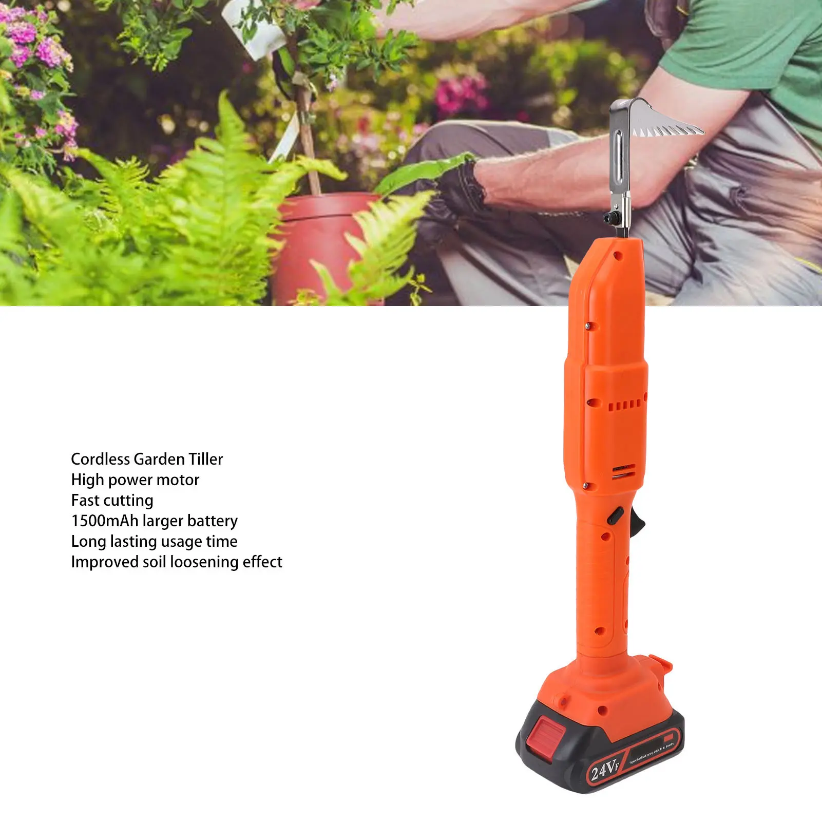 Cordless Tiller Cultivator Battery Powered Rototiller Efficient Aluminum Alloy ABS 2500rpm 1500mAh 10.8in for Soil Cultivation