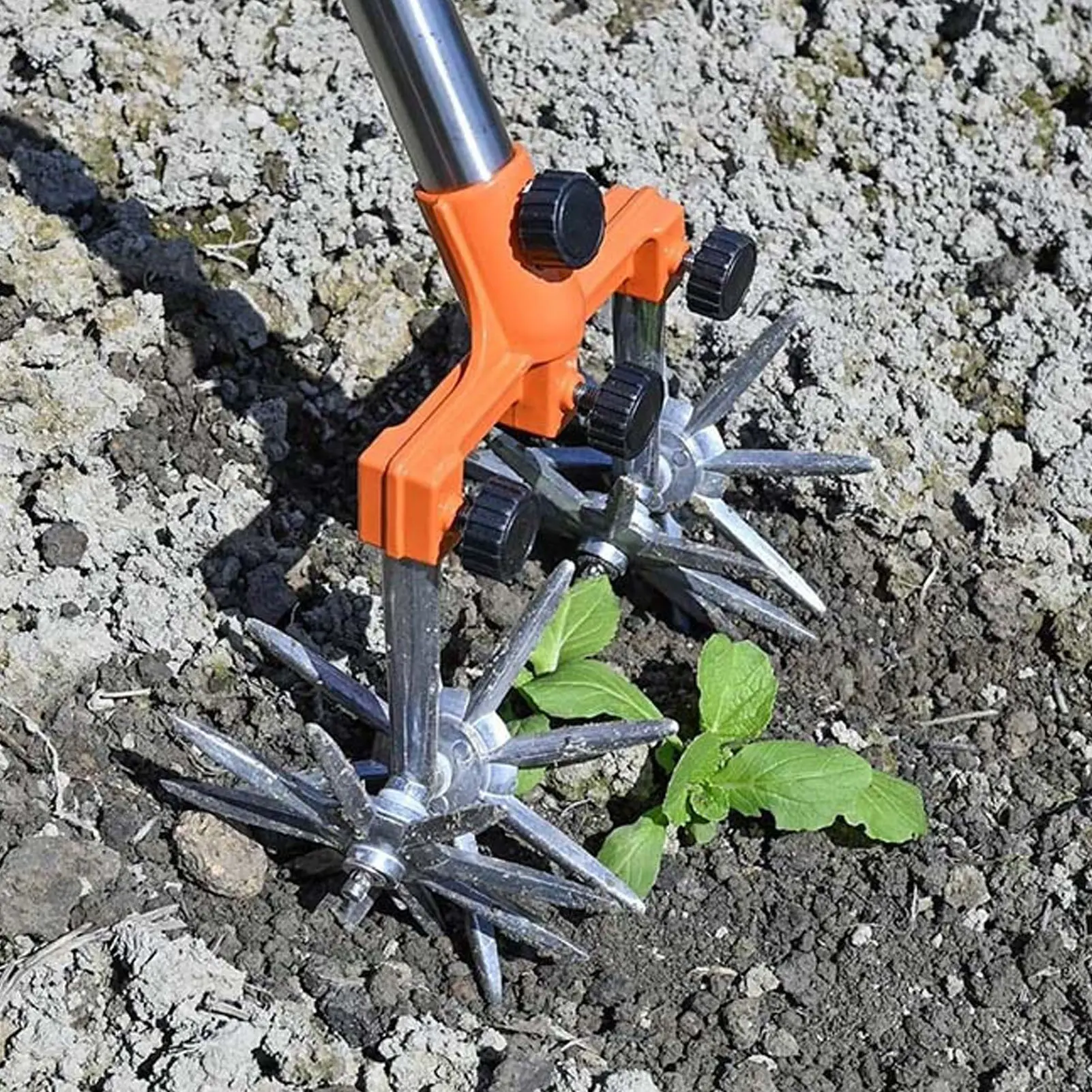 Hand Tiller Garden Tool Manual Rotary Cultivator Tool Stainless Steel Teeth Adjustable Handle Garden Hand Tiller for Lawn