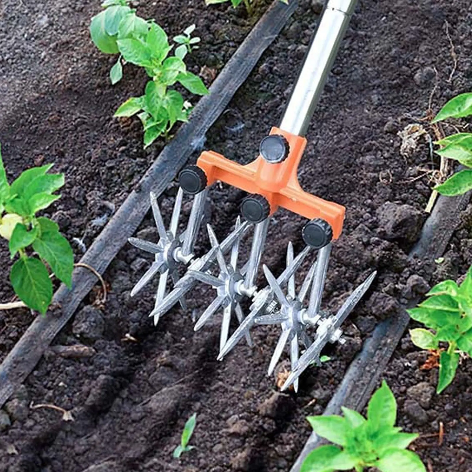Hand Tiller Garden Tool Manual Rotary Cultivator Tool Stainless Steel Teeth Adjustable Handle Garden Hand Tiller for Lawn