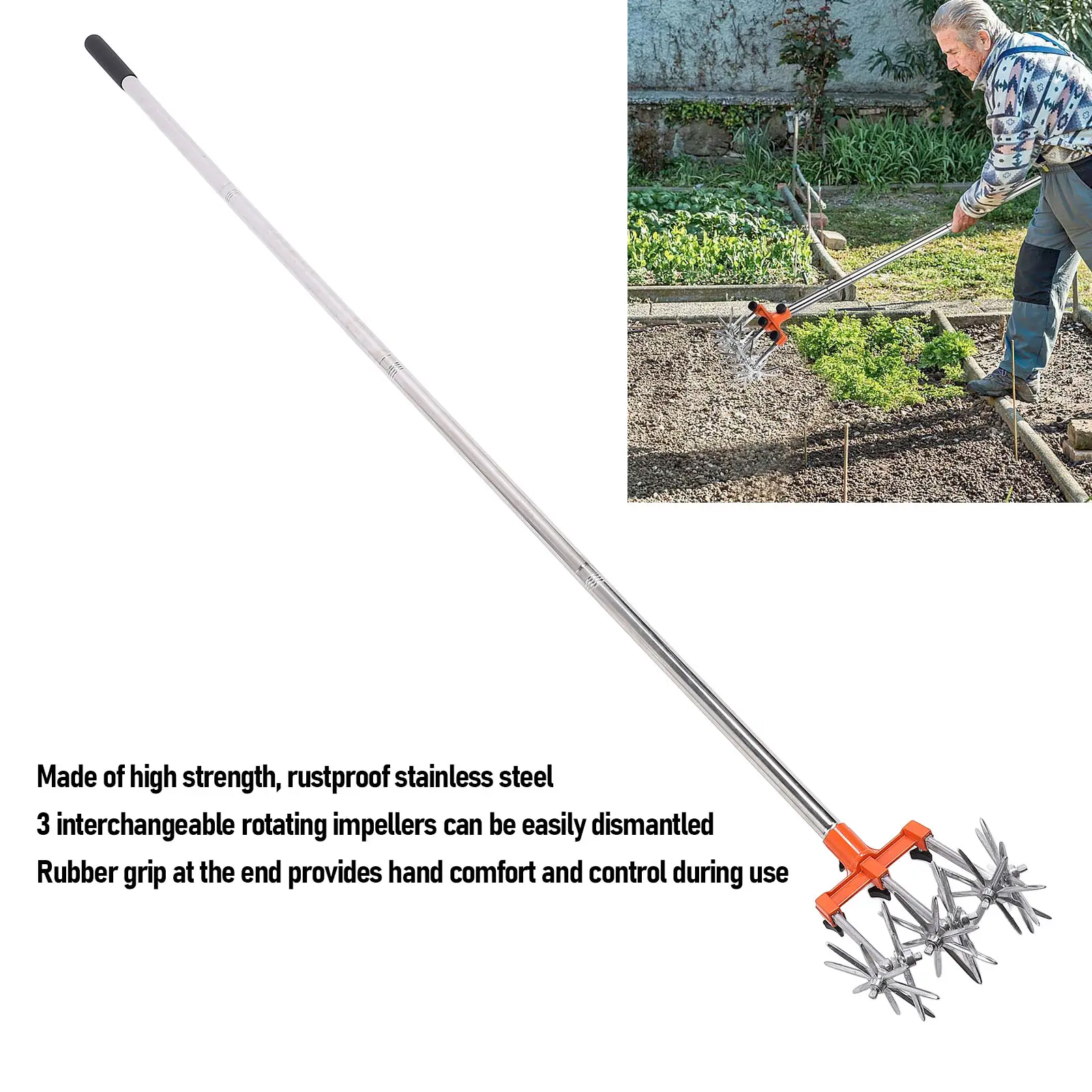 Hand Tiller Garden Tool Manual Rotary Cultivator Tool Stainless Steel Teeth Adjustable Handle Garden Hand Tiller for Lawn