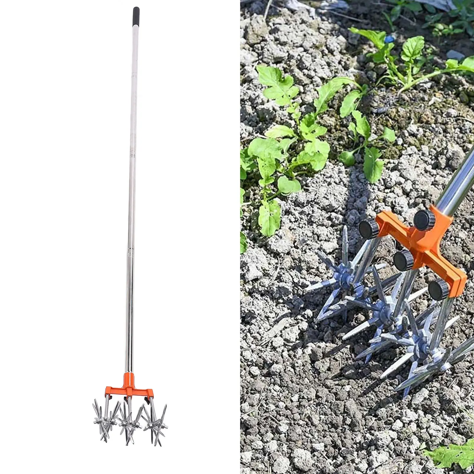 Hand Tiller Garden Tool Manual Rotary Cultivator Tool Stainless Steel Teeth Adjustable Handle Garden Hand Tiller for Lawn