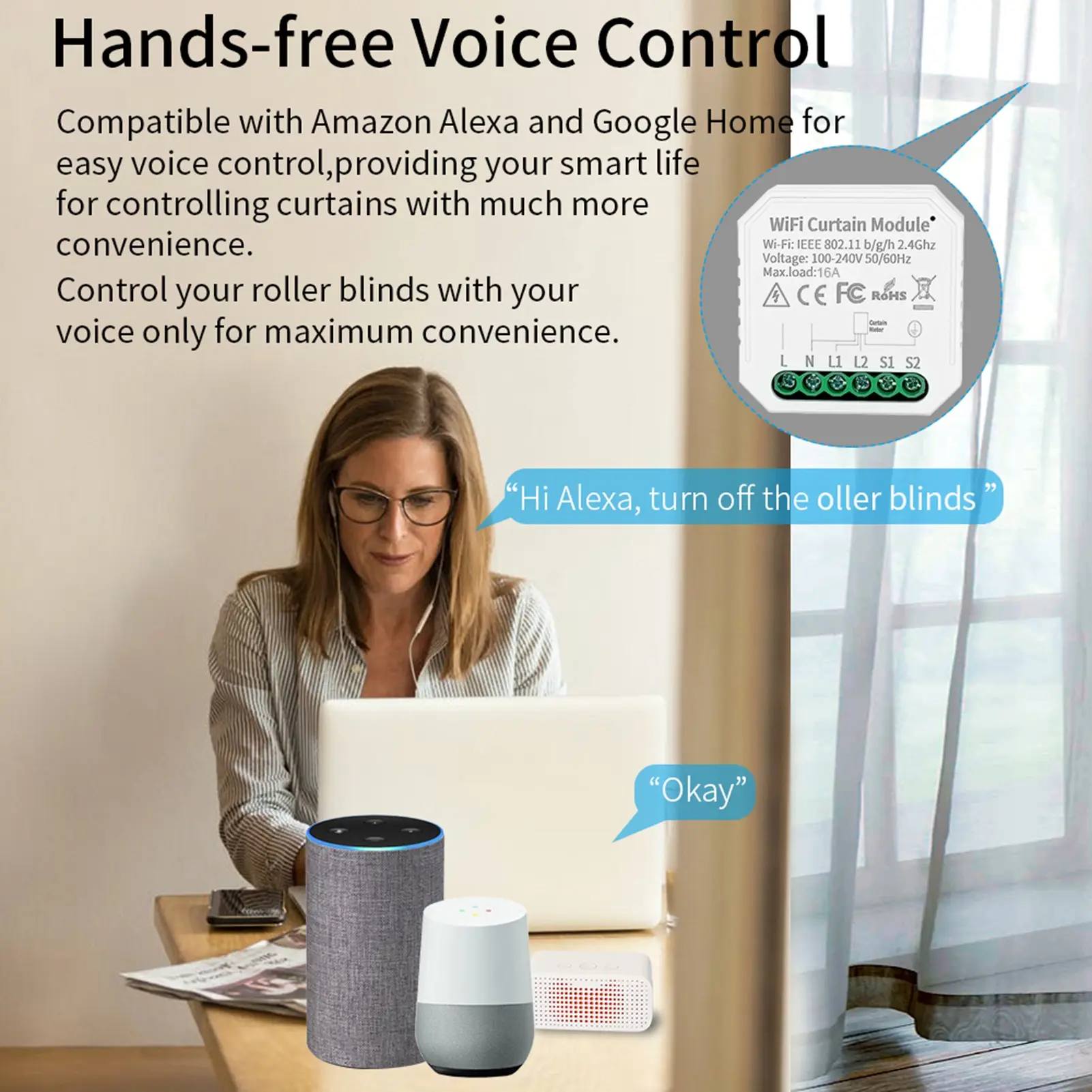 Intelligent Curtain Controller Module 10A Voice Control WiFi 2 Way Curtain Blinds Switch Module for Tuya Smart White