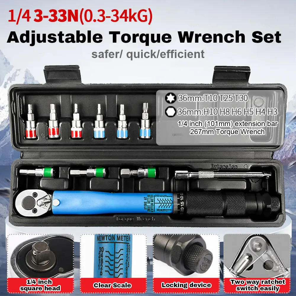 Adjustable Torque Wrench Set 1/4Inch Drive Spanner Kit 3-33N.m Hand Tool Bicycle Motorbike Car Repairing Accessory