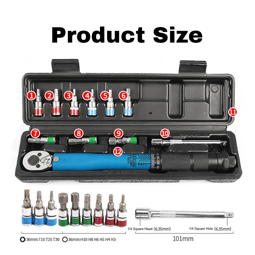 Adjustable Torque Wrench Set 1/4Inch Drive Spanner Kit 3-33N.m Hand Tool Bicycle Motorbike Car Repairing Accessory