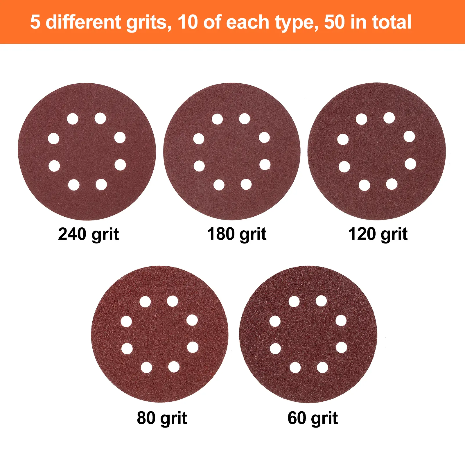 50pcs/set 150mm Sanding Discs 8 Holes Sandpaper Pads Set Hook & loop Abrasive sander paper for polishing tools