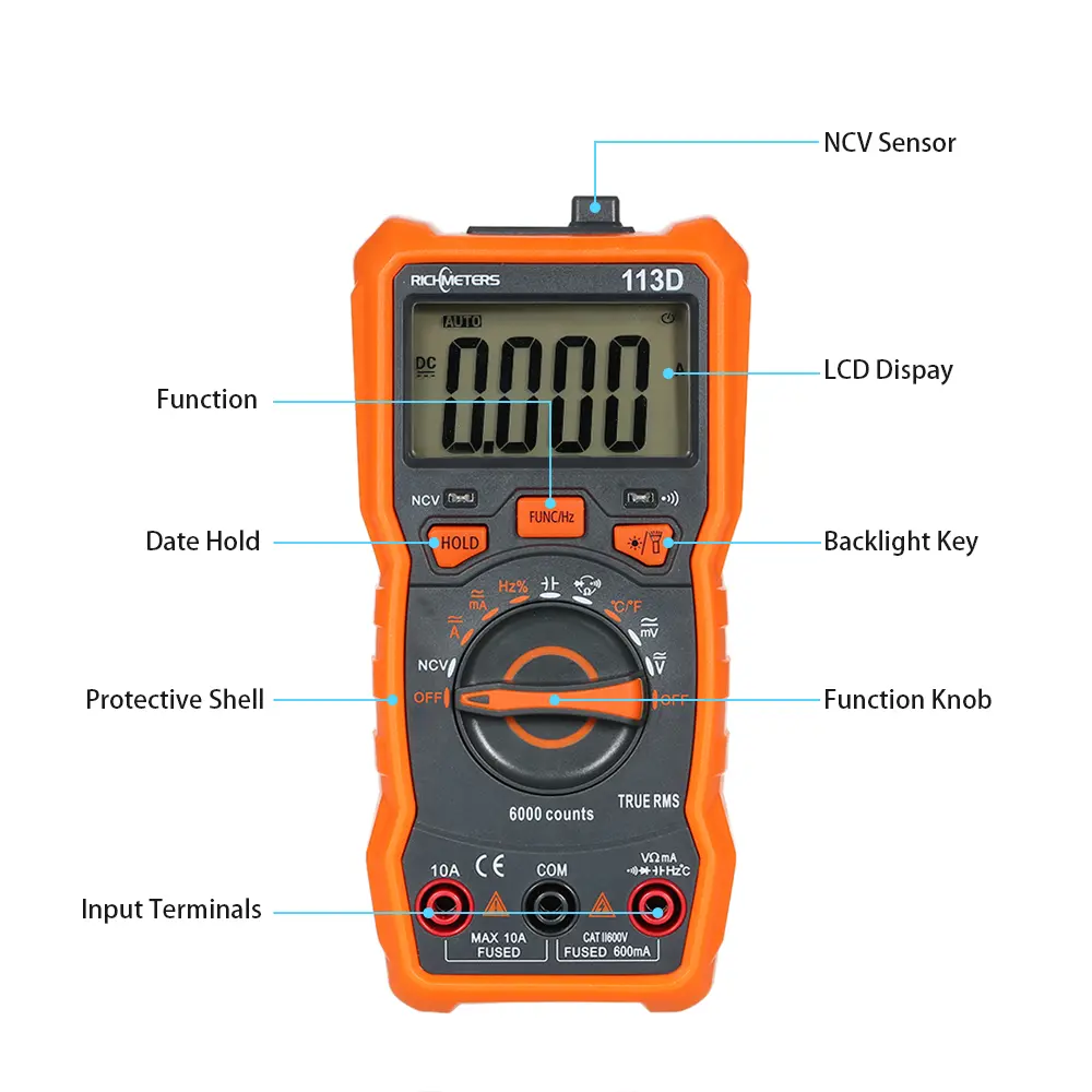 RM113D NCV Digital Multimeter 6000 Counts Auto Ranging AC/DC Voltage Meter Flash Back Light Large Screen Auto Ranging Measuring