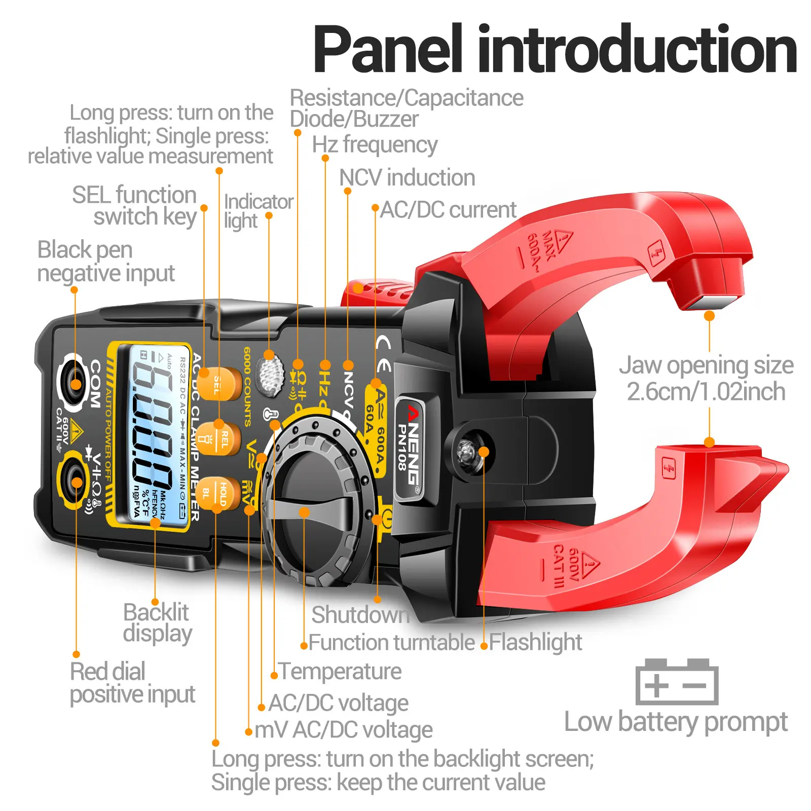 ANENG PN108 Digital Clamp Meter Voltage Current Tester Professional 6000 Counts Multimeter with LCD Display Capacitance Tester