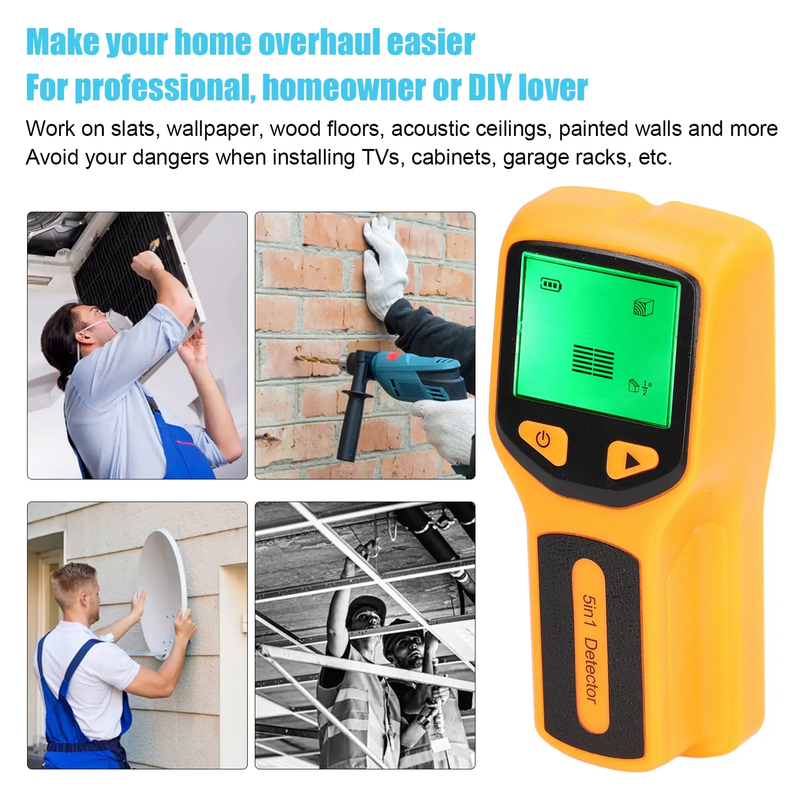 Electronic Stud Sensor Stud Detector Stud Finder Wall Scanner Sensor 5 in 1 Detector HD LCD Display for Wood AC Wire Center