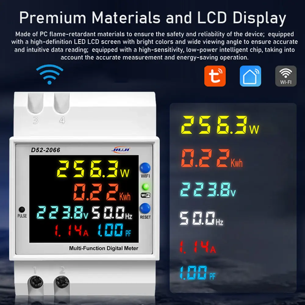 Tu-ya WiFi Home Digital Display Electricity Meter DIN-Rail Voltage and Current Meter Power Factor Frequency Metering Meters