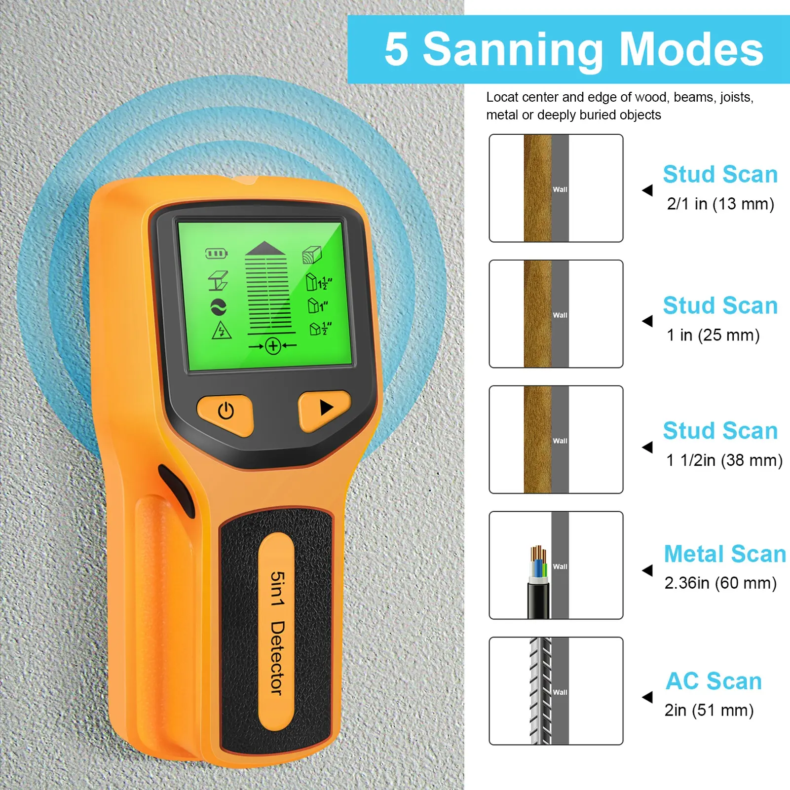 Electronic Stud Sensor Stud Detector Stud Finder Wall Scanner Sensor 5 in 1 Detector HD LCD Display for Wood AC Wire Center