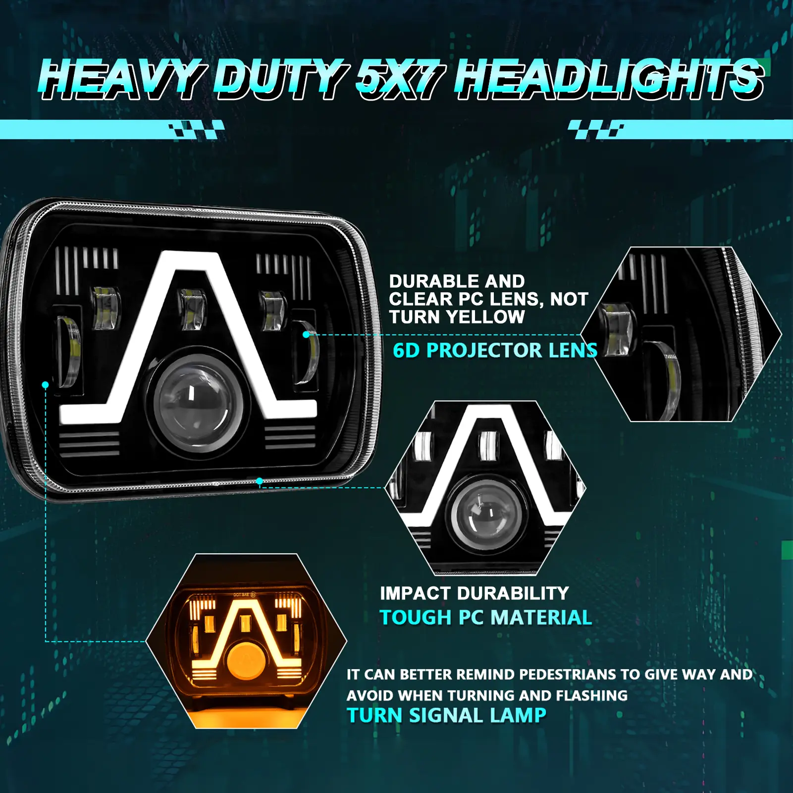 2PCS 7 Inch LED Headlights, 5x7'' 7x6'' Rectangular LED Headlights with High Low Beam DRL Turn Signal Replacement for Jeep