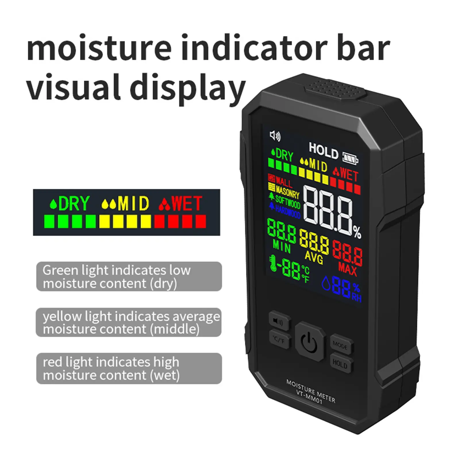 Pinless Moisture Meter for Drywall Wood Humidity Detector Non-Destructive Tester with LCD High-frequency Waves One-key Record