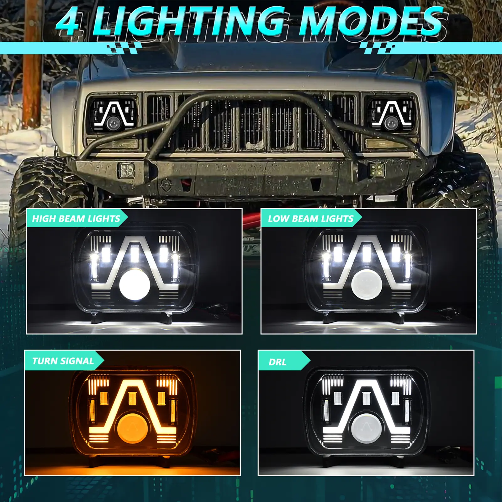 2PCS 7 Inch LED Headlights, 5x7'' 7x6'' Rectangular LED Headlights with High Low Beam DRL Turn Signal Replacement for Jeep