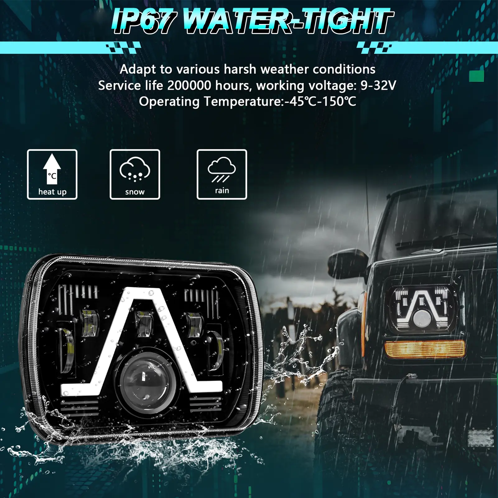2PCS 7 Inch LED Headlights, 5x7'' 7x6'' Rectangular LED Headlights with High Low Beam DRL Turn Signal Replacement for Jeep