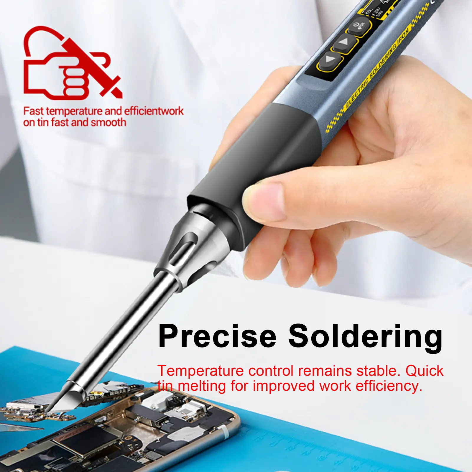 Electric Soldering Iron, 96W Fast Heating, Adjustable Temp 100°C~450°C, OLED Display, Auto Shut-Off Type-C for Electronics Repai