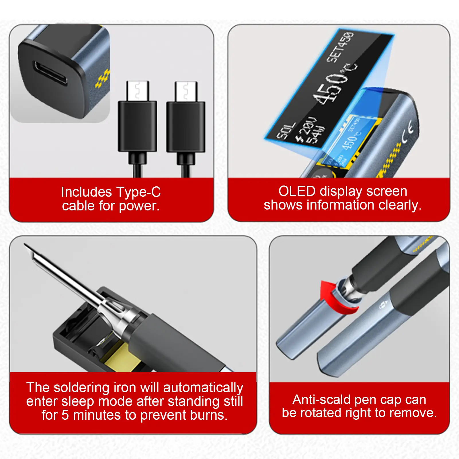 Electric Soldering Iron, 96W Fast Heating, Adjustable Temp 100°C~450°C, OLED Display, Auto Shut-Off Type-C for Electronics Repai