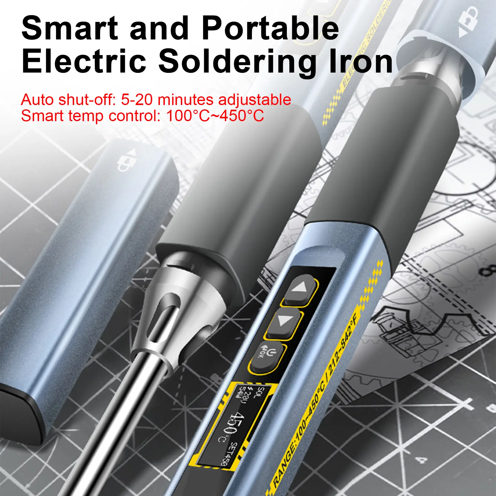 Electric Soldering Iron, 96W Fast Heating, Adjustable Temp 100°C~450°C, OLED Display, Auto Shut-Off Type-C for Electronics Repai
