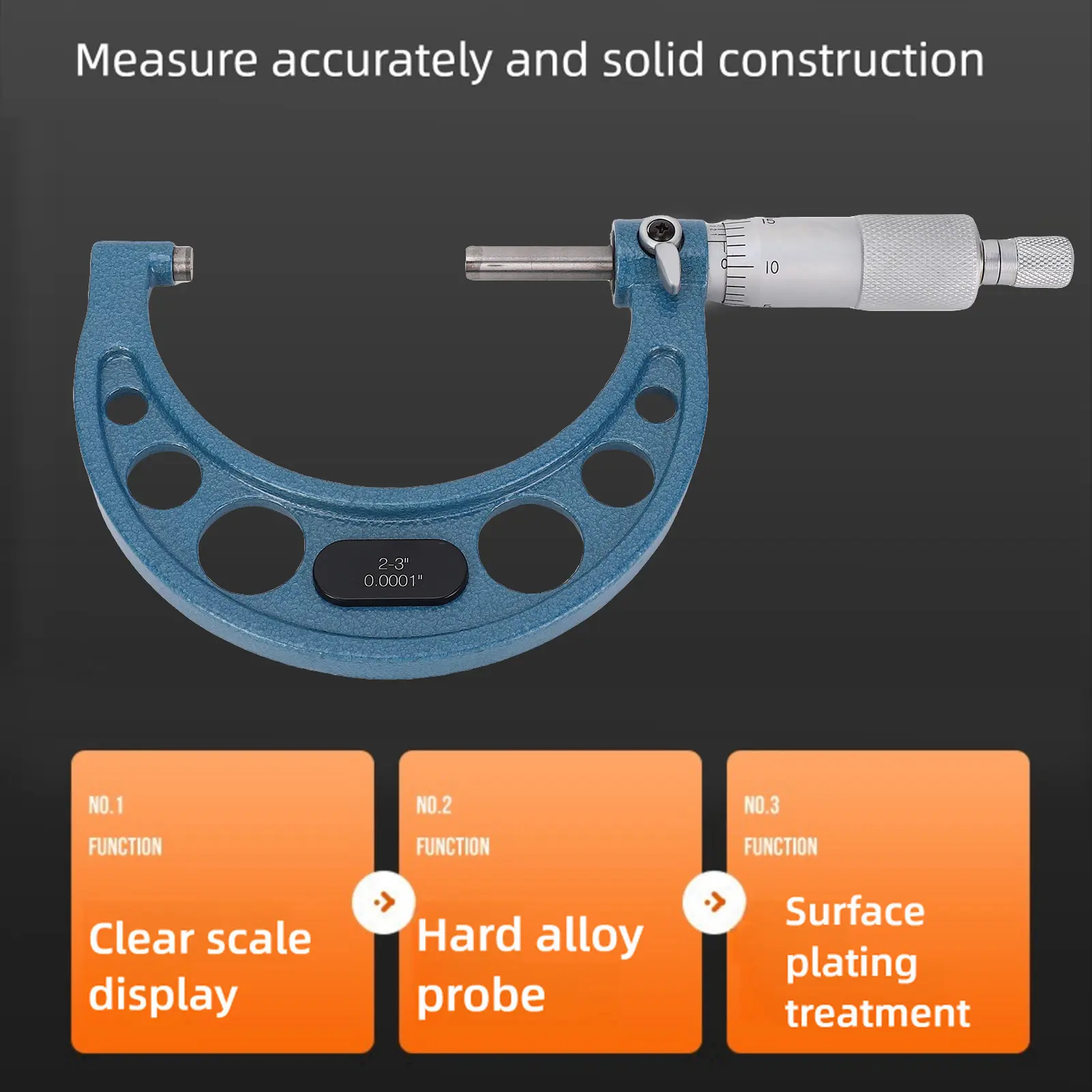 Mechanical Micrometer 2-3 Inch Outer Diameter Micrometer ±0.0001in Accuracy Calibration Part with Wrench for Length Measurement