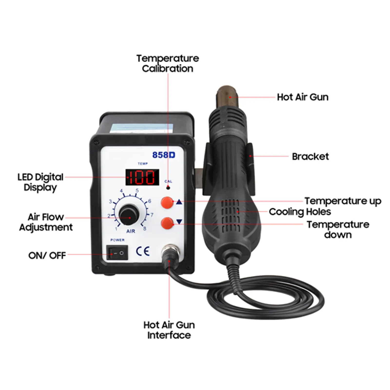 Brushless Hot Air Rework Station LED Digital 100℃-480℃ (212℉-896℉) Adjustable Air  700W Portable Electric Desoldering Gun