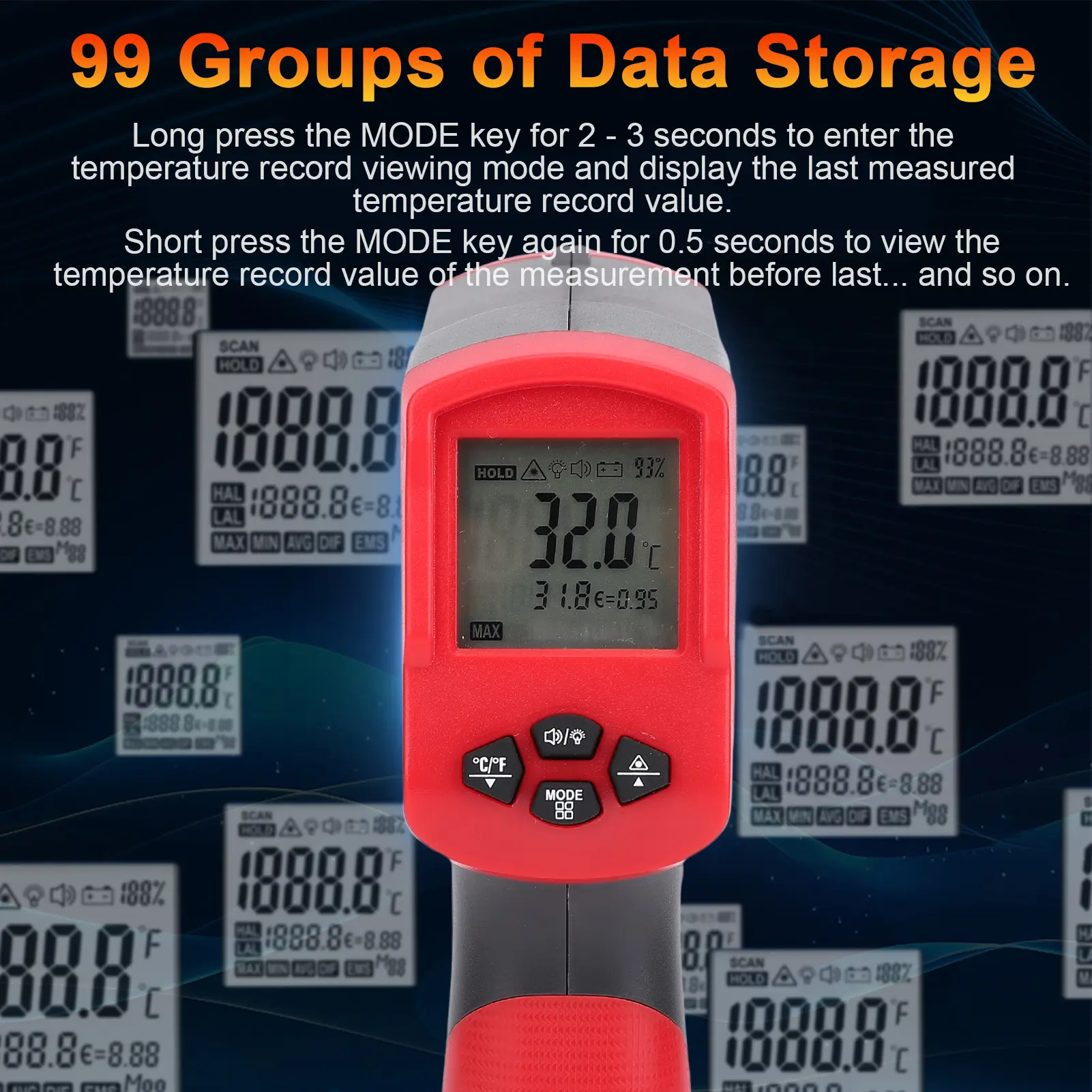 Industrial Thermometer Gun, Contactless Infrared Thermometer with 99 Data Storage LCD Backlight Sound Alarm Digital IR Gun